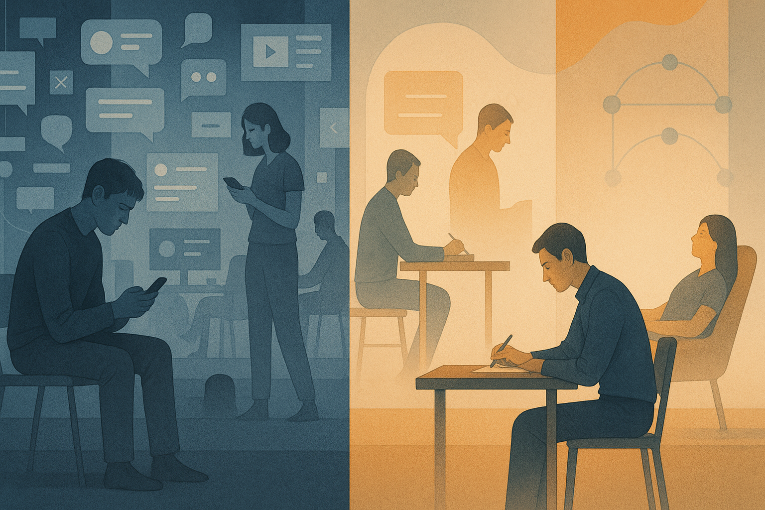 Split image contrasting algorithmic distraction with intentional human collaboration